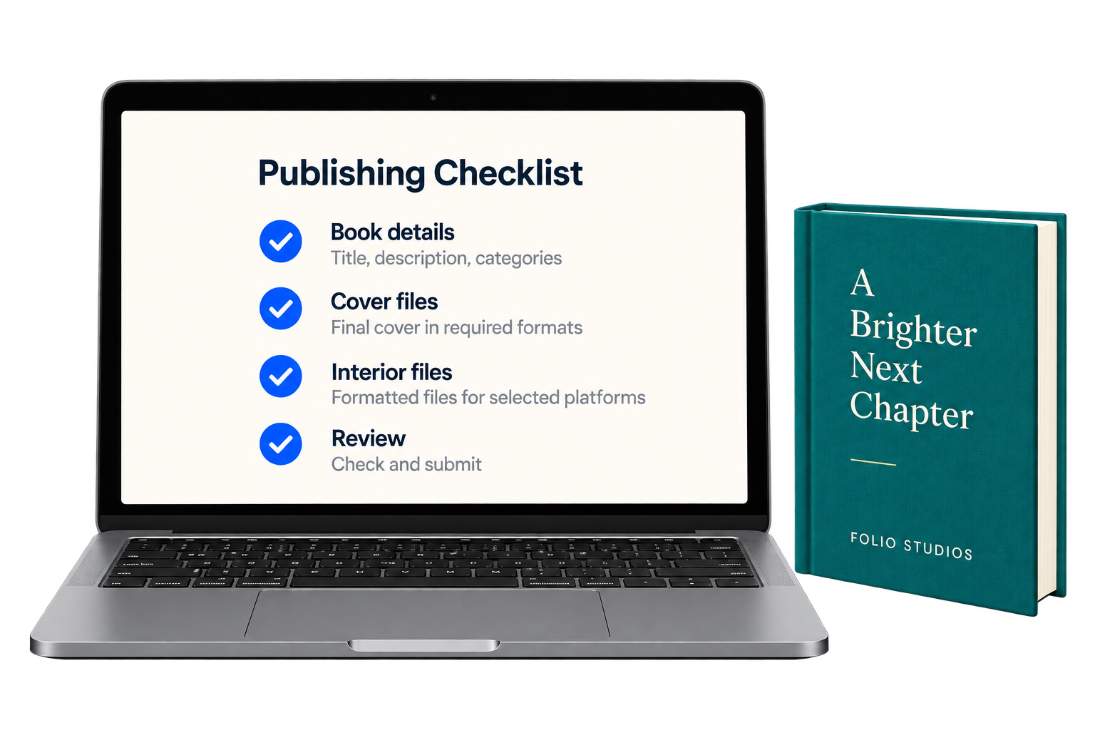 A laptop displaying a publishing checklist beside a teal sample book.